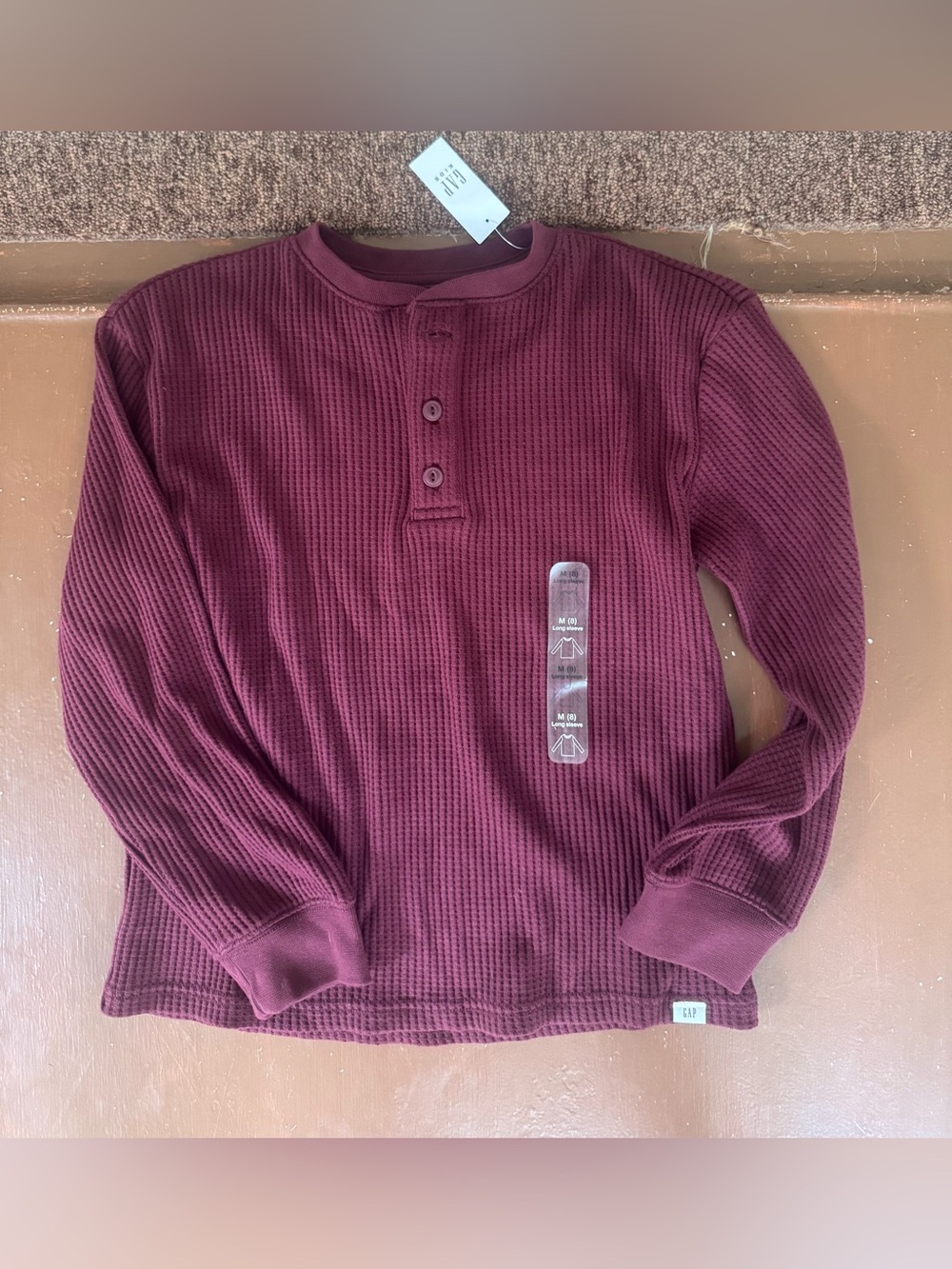 GAP Kids Long-Sleeve Waffle Henley in Burgundy - Size M (8)